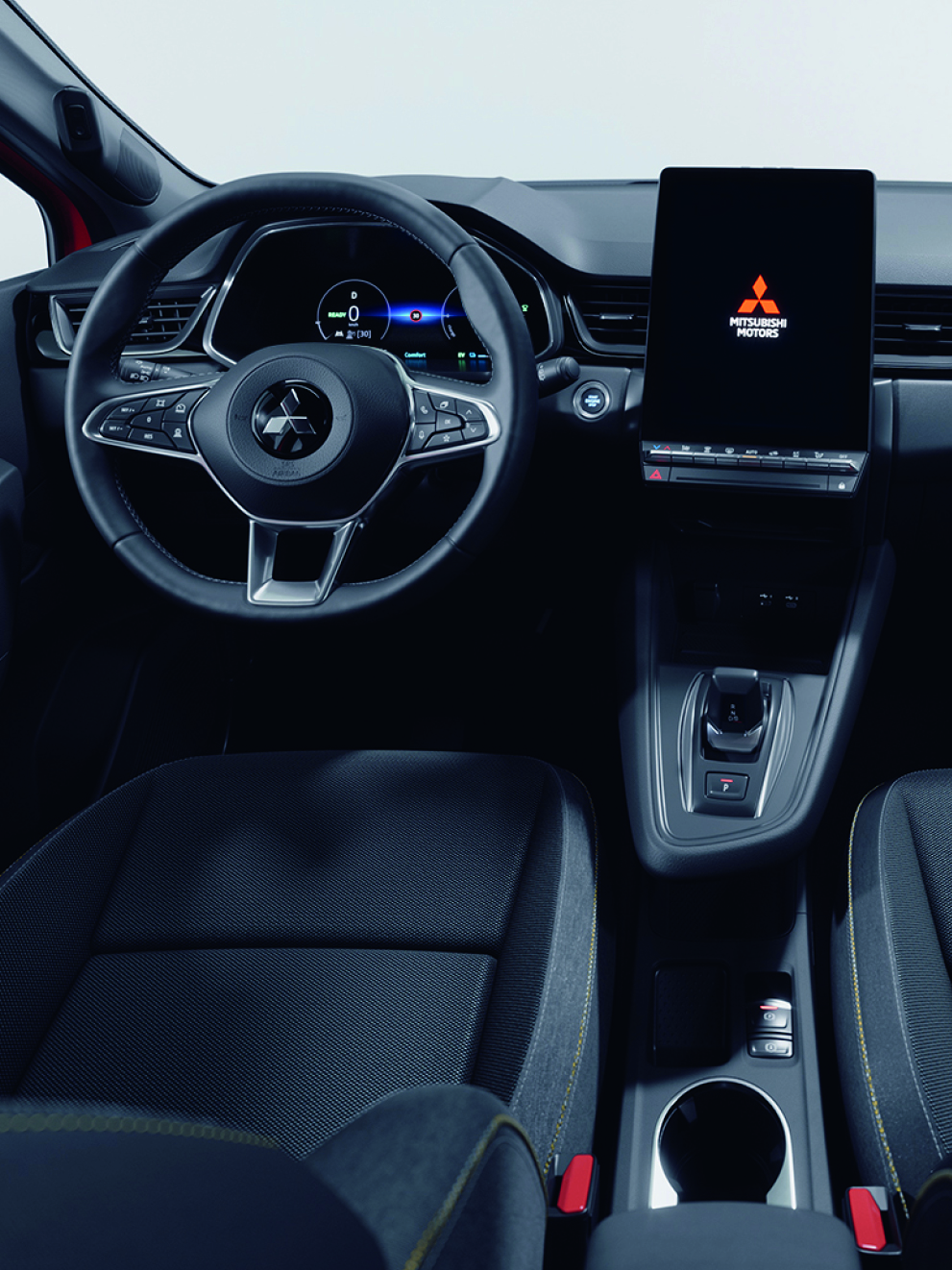 Mitsubishi ASX Select Innenraum-Ansicht mit schwarzen Sitzen, digitalem Cockpit, großem Touchscreen-Display und modernem Lenkrad